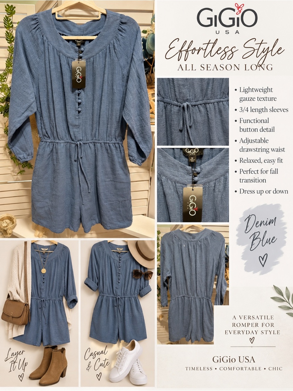 GiGio Denim Blue Women's Gauze Romper with Drawstring Waist